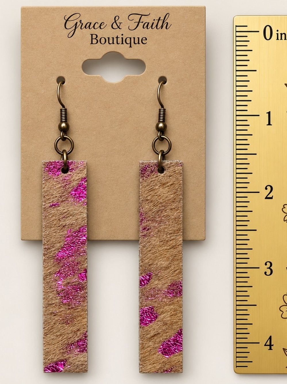 Pink Accent Cowhide Bar Drop Earrings